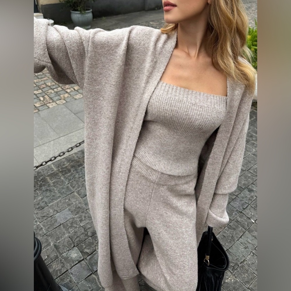 Commense Three-Piece Knit Bustier Cardigan Pant Set in Khaki — Large